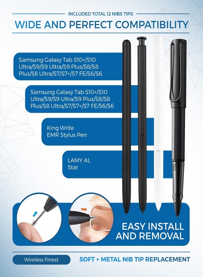 WirelessFinest رؤوس أقلام معدنية ناعمة بديلة لجهاز سامسونج جالاكسي تاب S10 ألترا سبن S9 S8 S7 S10+ S9+ S8+ تاب S9 ألترا S6 لايت S24 S23 S22 ألترا نوت 9 نوت 8 S Pen كينغ رايت + أداة، 10 قطع قياسية + 2 قطع معدنية - Image 4