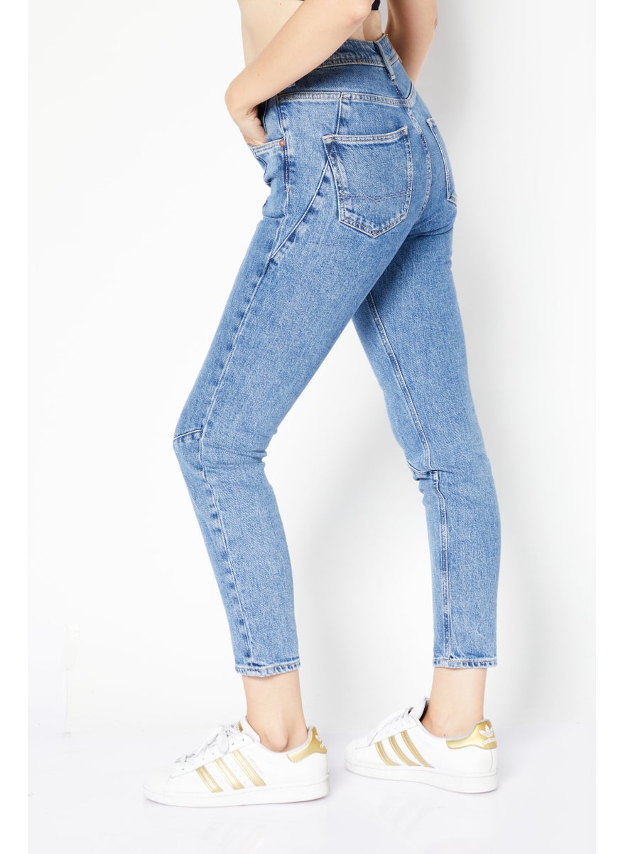 Pepe Jeans Women Mom Fit Plain Non-Stretchable Jeans, Blue  - Image 3