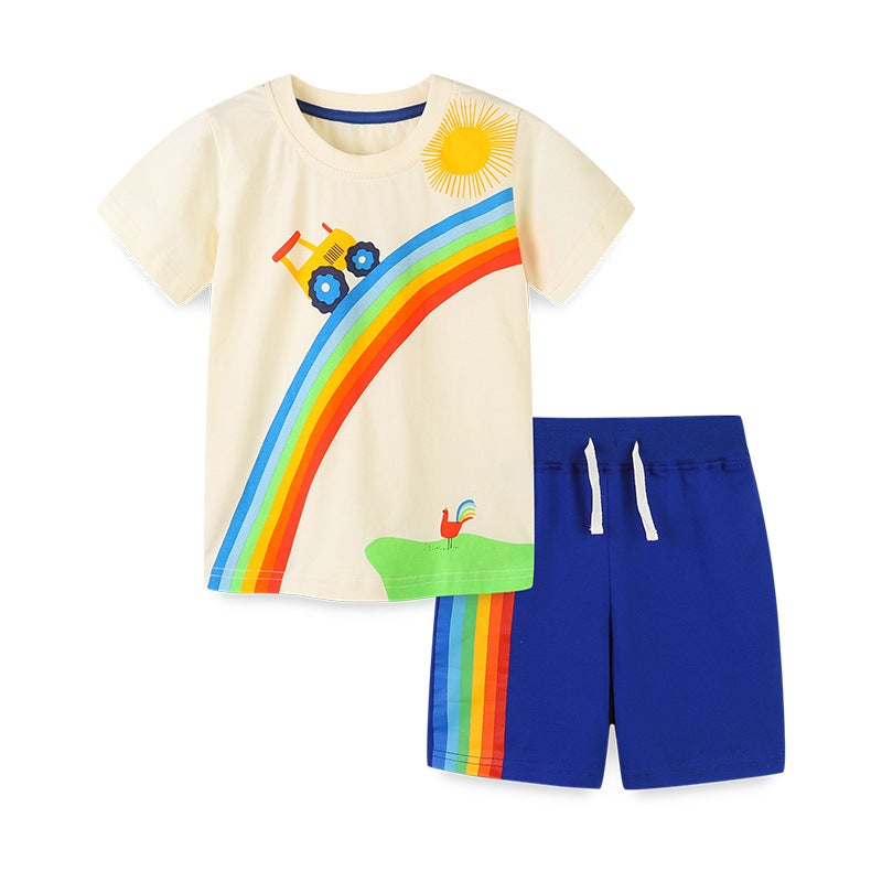 European and American Style Childrens Wear suit Summer New Boys Short-sleeved suit Knitted Cotton Cartoon Crewneck Childrens Two-piece Set 2205 