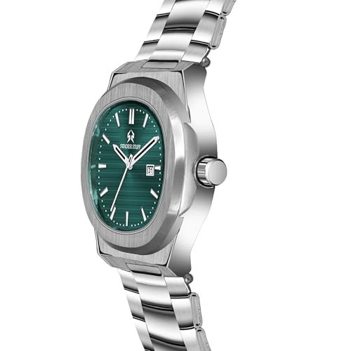 SWADESI STUFF Men’s Luxury Stainless Steel Watch — 42mm Signature Angular Dial | Date Display | Brushed & Polished Silver Bracelet | Multicolour Dials (Black/Green/White/Yellow) (Emerald Green) - Image 3