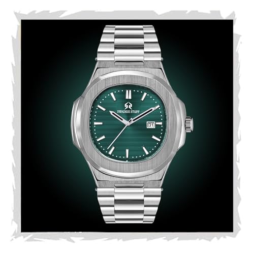 SWADESI STUFF Men’s Luxury Stainless Steel Watch — 42mm Signature Angular Dial | Date Display | Brushed & Polished Silver Bracelet | Multicolour Dials (Black/Green/White/Yellow) (Emerald Green) - Image 1