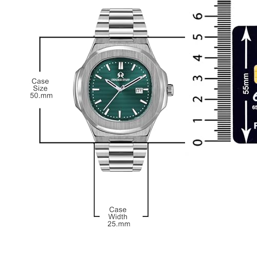 SWADESI STUFF Men’s Luxury Stainless Steel Watch — 42mm Signature Angular Dial | Date Display | Brushed & Polished Silver Bracelet | Multicolour Dials (Black/Green/White/Yellow) (Emerald Green) - Image 4