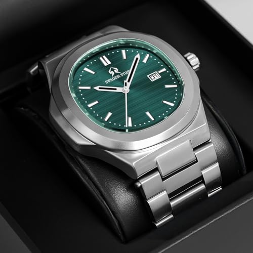 SWADESI STUFF Men’s Luxury Stainless Steel Watch — 42mm Signature Angular Dial | Date Display | Brushed & Polished Silver Bracelet | Multicolour Dials (Black/Green/White/Yellow) (Emerald Green) - Image 2