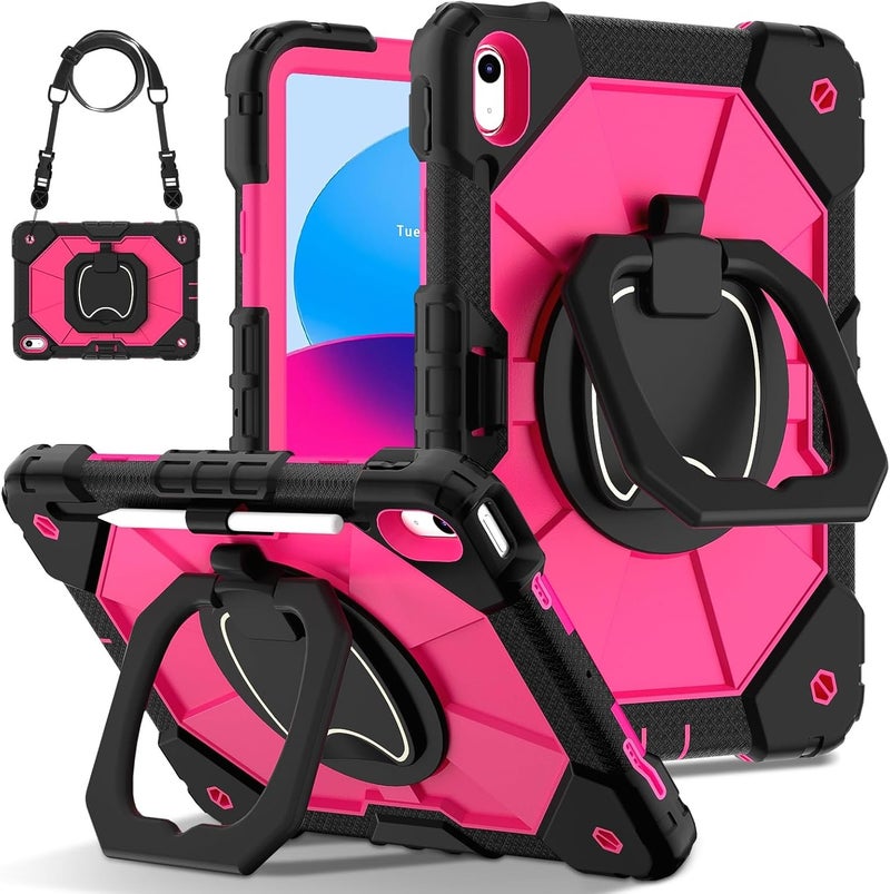 Tablet Case for iPad 11th Gen A16 11 Inch 2025 Heavy Duty Shockproof Cove Protective Case W 360 Swivel Kickstand+Hand Strap+Shoulder Strap(Black+Rose Red) - Image 1