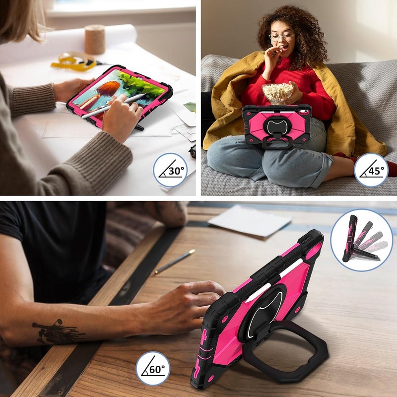 Tablet Case for iPad 11th Gen A16 11 Inch 2025 Heavy Duty Shockproof Cove Protective Case W 360 Swivel Kickstand+Hand Strap+Shoulder Strap(Black+Rose Red) - Image 4