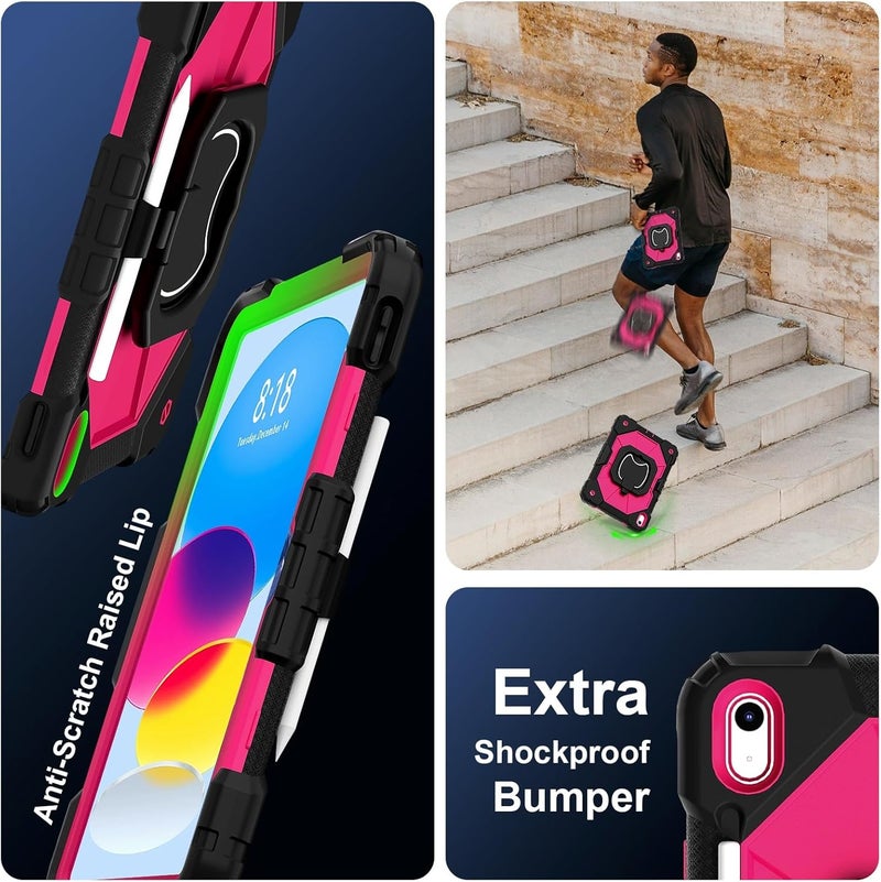 Tablet Case for iPad 11th Gen A16 11 Inch 2025 Heavy Duty Shockproof Cove Protective Case W 360 Swivel Kickstand+Hand Strap+Shoulder Strap(Black+Rose Red) - Image 2