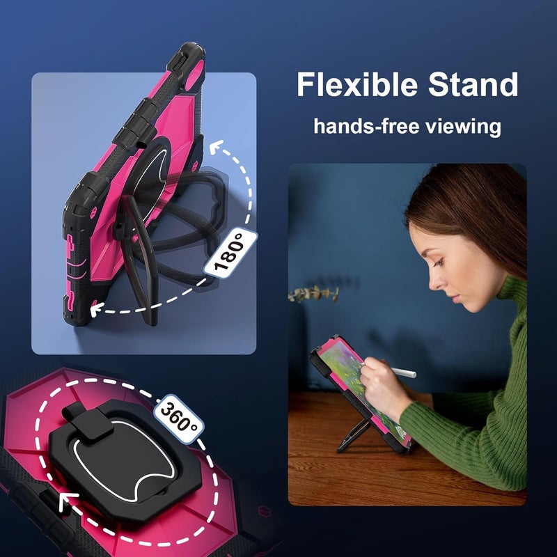 Tablet Case for iPad 11th Gen A16 11 Inch 2025 Heavy Duty Shockproof Cove Protective Case W 360 Swivel Kickstand+Hand Strap+Shoulder Strap(Black+Rose Red) - Image 3