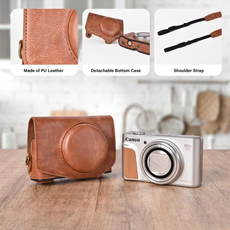 kinokoo حافظة كاميرا كينوكو لكاميرات كانون باور شوت SX720 HS و SX730 و SX740 HS - حافظة واقية من الجلد الصناعي مع حزام كتف قابل للتعديل - بني - Image 4