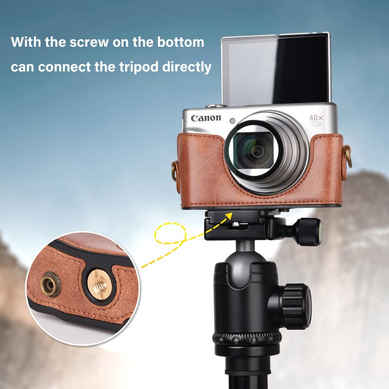 kinokoo حافظة كاميرا كينوكو لكاميرات كانون باور شوت SX720 HS و SX730 و SX740 HS - حافظة واقية من الجلد الصناعي مع حزام كتف قابل للتعديل - بني - Image 5