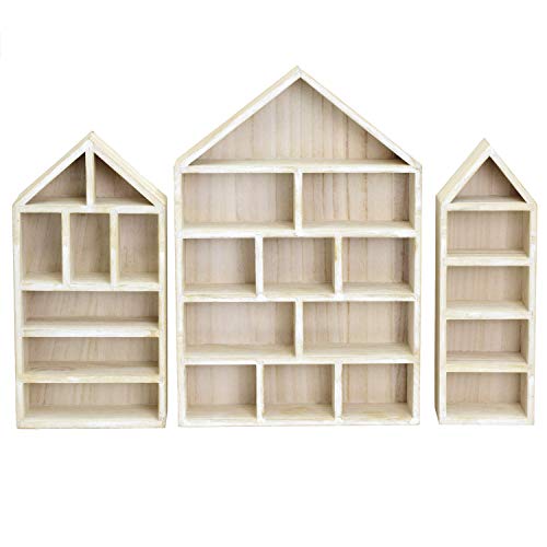 Ikee Design House-Shaped Wooden Shadow Cubby Box Display Shelf Organizer Storage Shadow Box for Mini Figures, Set of 3, Wash White Color, 10 W x 2 1/4 D x 15 H in - Image 3