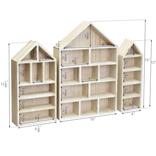 Ikee Design House-Shaped Wooden Shadow Cubby Box Display Shelf Organizer Storage Shadow Box for Mini Figures, Set of 3, Wash White Color, 10 W x 2 1/4 D x 15 H in - Image 2