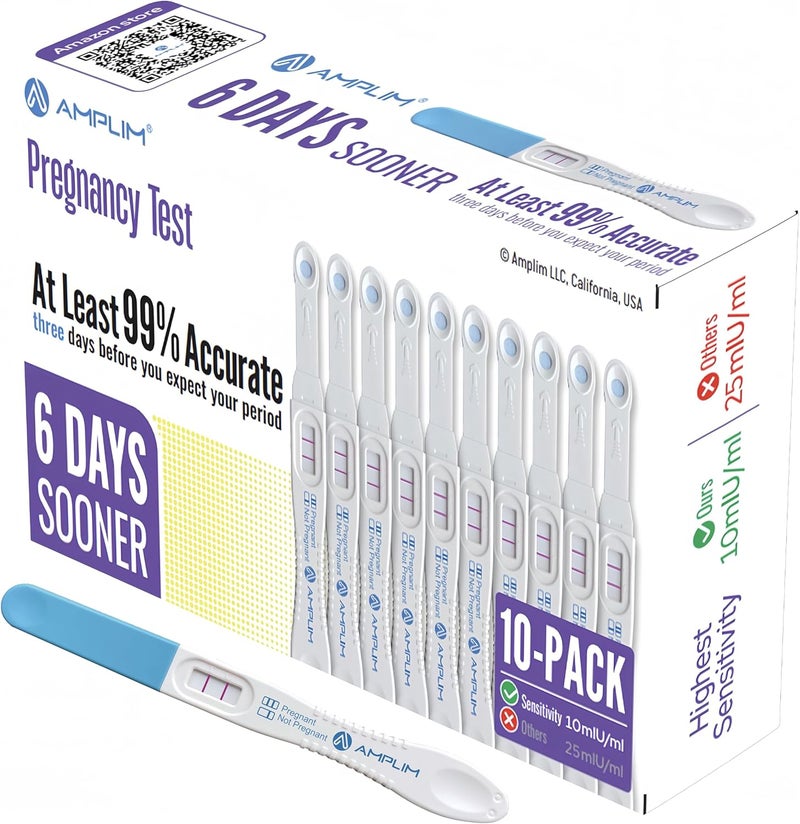 AMPLIM HCG Early Detection Pregnancy Test Bulk Sticks  6Days Sooner Extra Sensitive 10 MIUmL Midstream  Mom 2Second Easy Home Tests 999 Accurate Pregnant Test Result ept 10Pack - Image 1