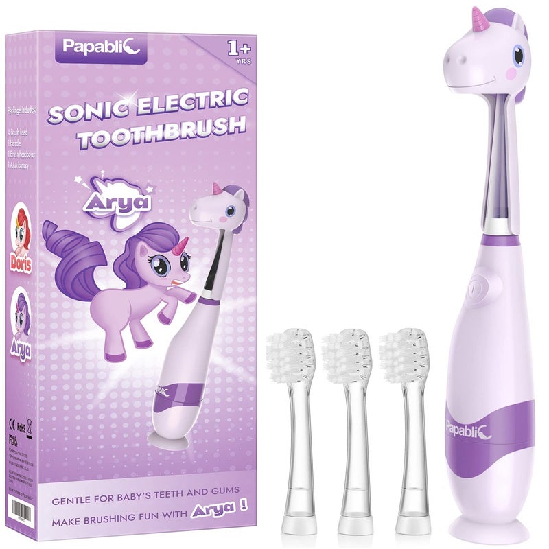 Papablic Toddler Sonic Electric Toothbrush Kids for Ages 13 Years Baby Electric Toothbrush with Cute Unicorn Cover and Smart LED Timer 4 Brush Heads Arya