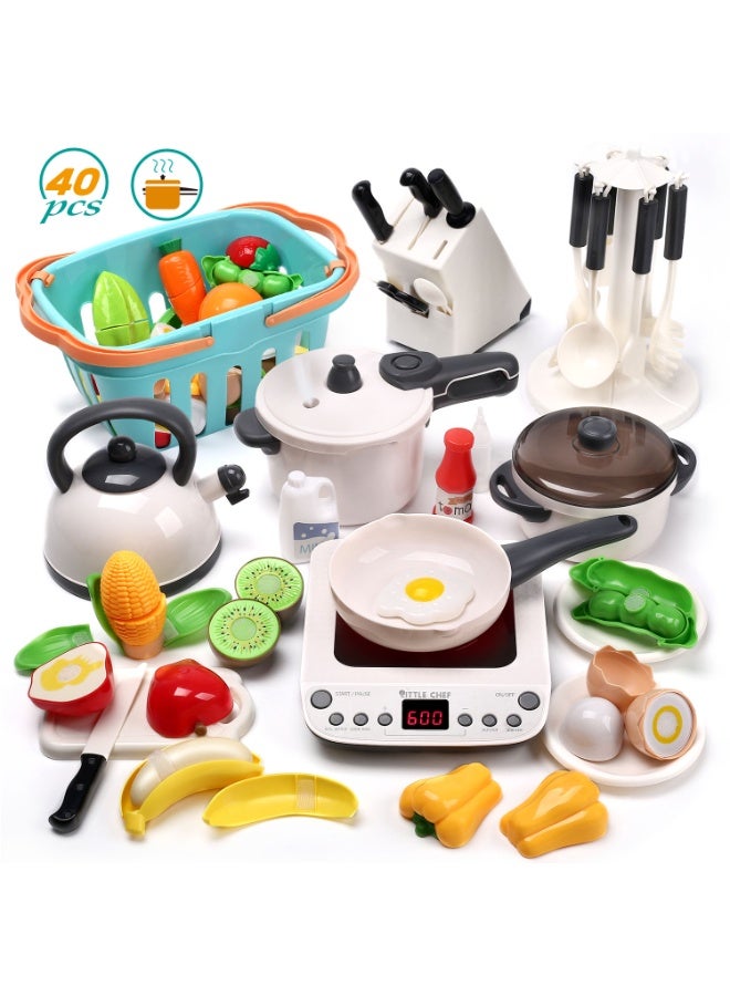 CUTE STONE Pretend Play Kitchen Toy with Cookware Steam Pressure Pot and Electronic Induction Cooktop, Cooking Utensils, Toy Cutlery, Cut Play Food, Shopping Basket Learning Toy for Girls Boys - Image 1