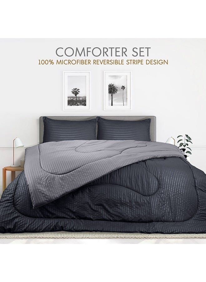 Hotel Linen Klub - Hotel Linen Klub  Reversible Down Alternative Comforter  Set -Ultra Soft Brushed Stripe Microfiber Fabric, 200GSM Soft Fibersheet Filling, Size :Single 160 x 200cm , Color: Charcoal & Lt. Grey - Image 1