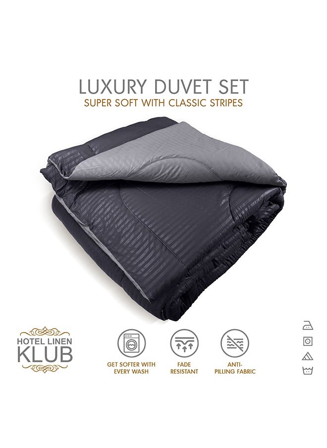 Hotel Linen Klub - Hotel Linen Klub  Reversible Down Alternative Comforter  Set -Ultra Soft Brushed Stripe Microfiber Fabric, 200GSM Soft Fibersheet Filling, Size :Single 160 x 200cm , Color: Charcoal & Lt. Grey - Image 1