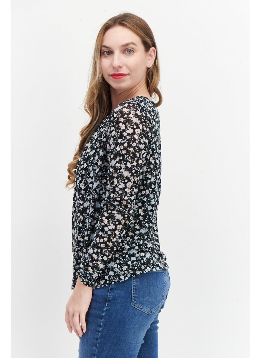 Zero Women Round Neck Long Sleeves Floral Print Top, Black Combo  - Image 3