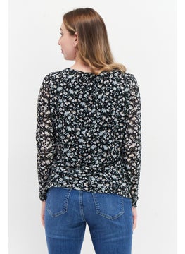Zero Women Round Neck Long Sleeves Floral Print Top, Black Combo  - Image 2