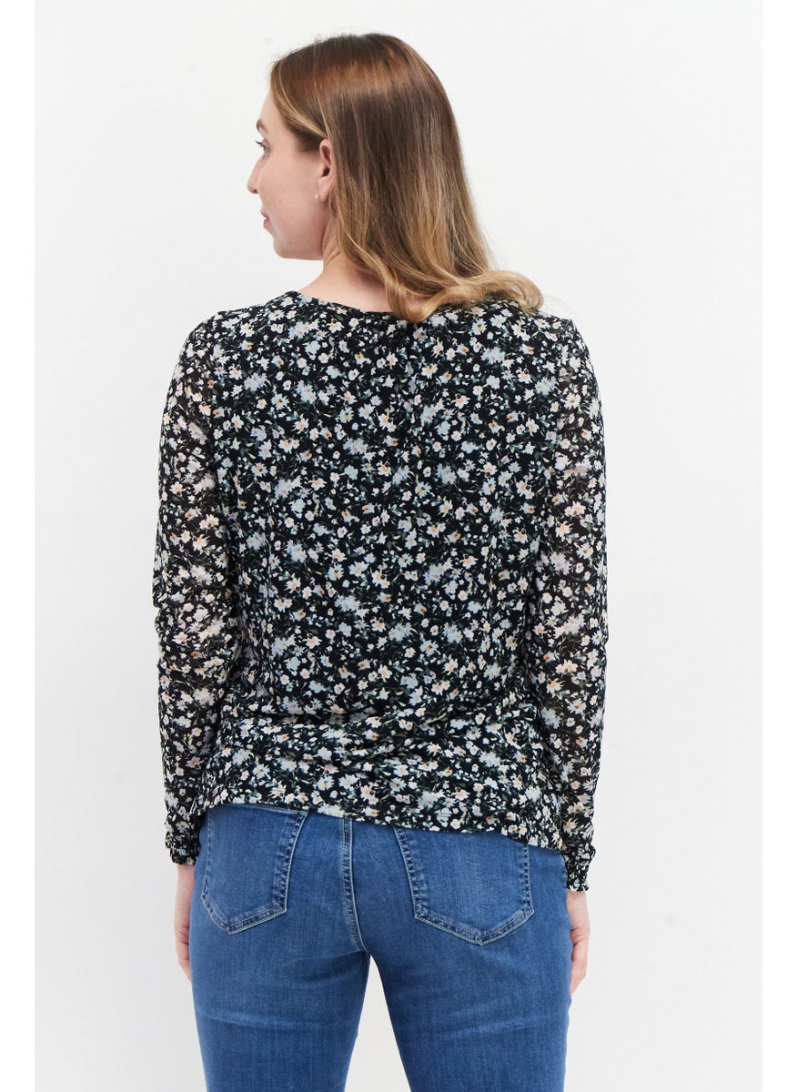 Zero Women Round Neck Long Sleeves Floral Print Top, Black Combo  - Image 2