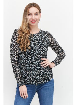 Zero Women Round Neck Long Sleeves Floral Print Top, Black Combo  - Image 1