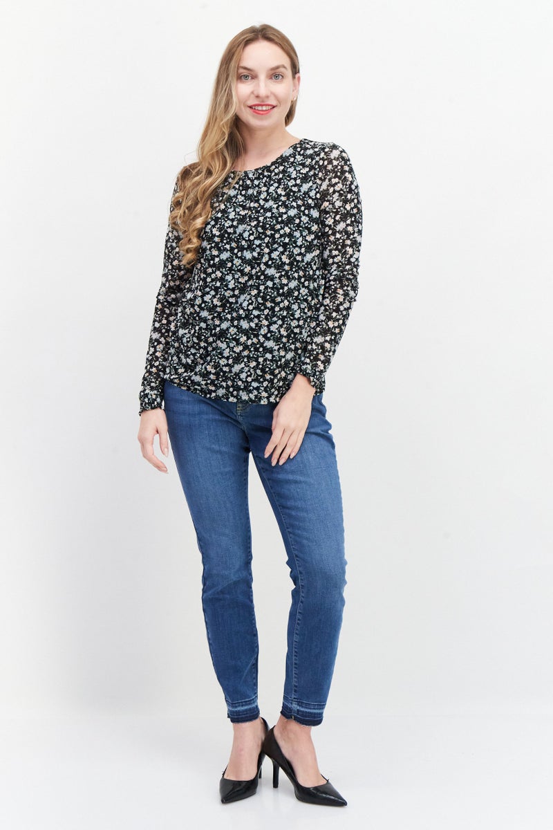 Zero Women Round Neck Long Sleeves Floral Print Top, Black Combo - Image 4