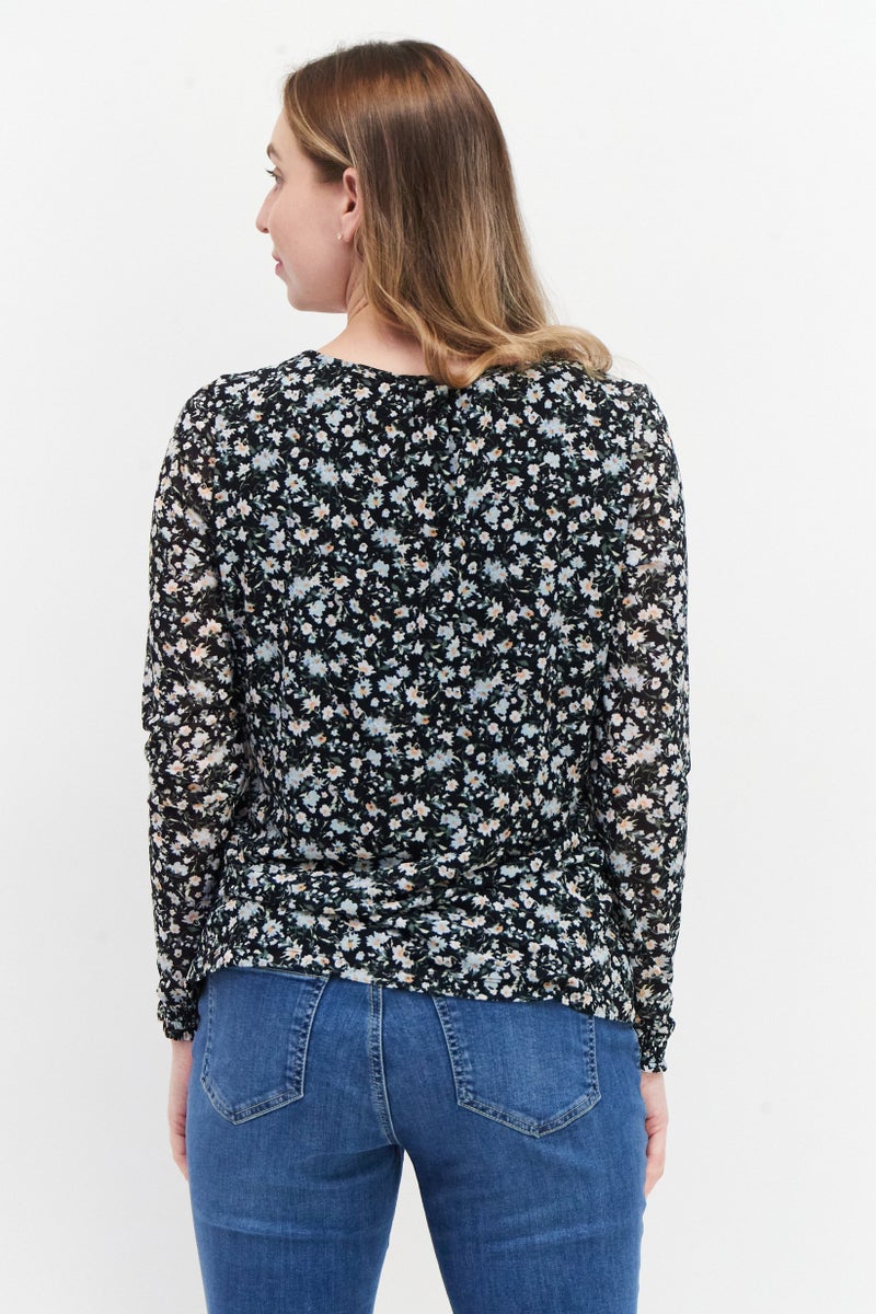 Zero Women Round Neck Long Sleeves Floral Print Top, Black Combo - Image 2