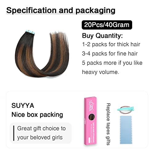 SUYYA Tape in Hair Extensions Human Hair Balayage Natural Black to Chestnut Brown 12 Inch 40g/pack 20pcs Straight Seamless Skin Weft Tape in Real Human Hair Extensions(12inch #P1B/6/T1B) - Image 2