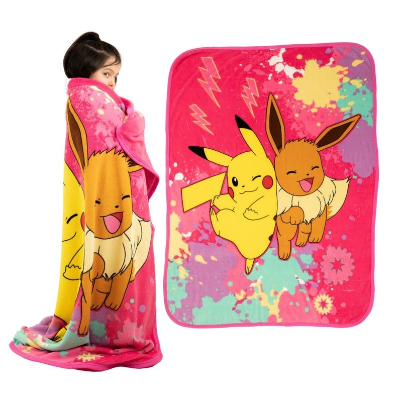 Franco Pokemon Anime Pikachu and Eevee Kids Bedding Super Soft Micro Raschel Throw, 46 in x 60 in, (Official Licensed Product) by Franco - Image 1
