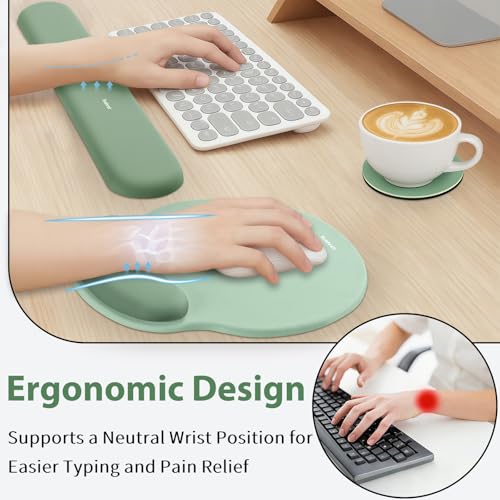 Sushret Mouse Pad and Keyboard Wrist Rest 3in1 Gel Memory Foam Ergonomic Mouse Pad with Wrist Rest SetGaming Mousepad Arm Cushion Support for Computer Office Desk Accessories Cute SetupSage Green - Image 3