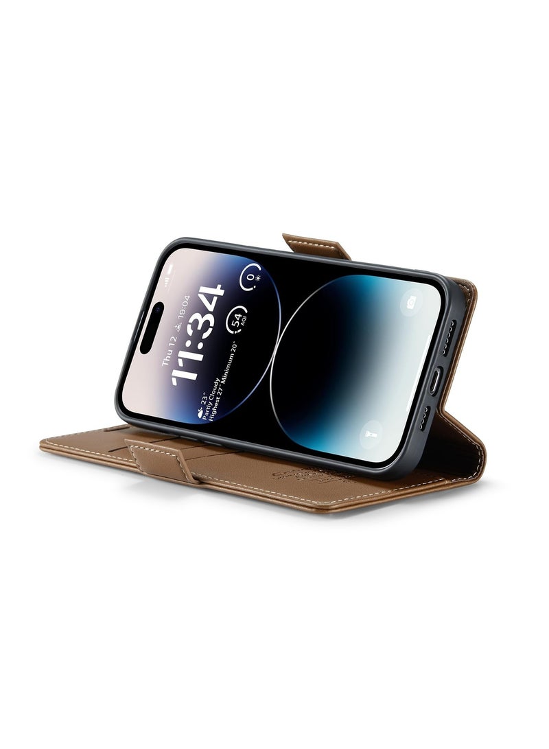 Phone Case Luxury PU Leather Design Anti Fingerprint 023 Flip Cover Card Slot Holder Cover For Iphone 14 Pro Max (Brown)