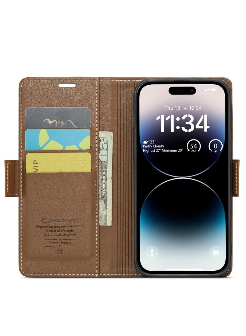 Phone Case Luxury PU Leather Design Anti Fingerprint 023 Flip Cover Card Slot Holder Cover For Iphone 14 Pro Max (Brown)