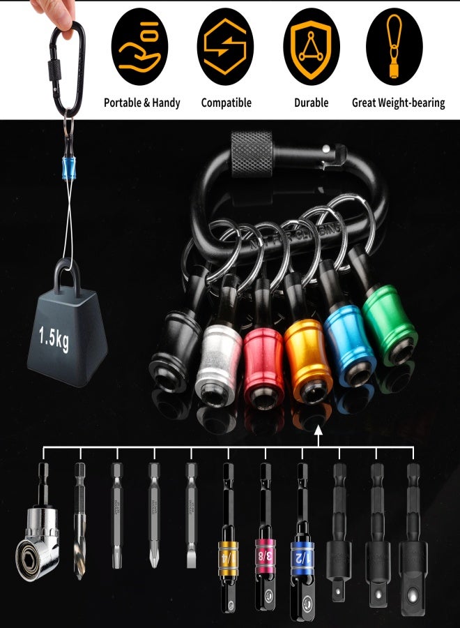Katerk 1/4inch Hex Shank Aluminum Alloy Screwdriver Bits Holder Extension Bar Drill Screw Adapter Change Keychain Portable（6PC color with black carabiner）, Includes 105° Right Angle Drill - Image 3