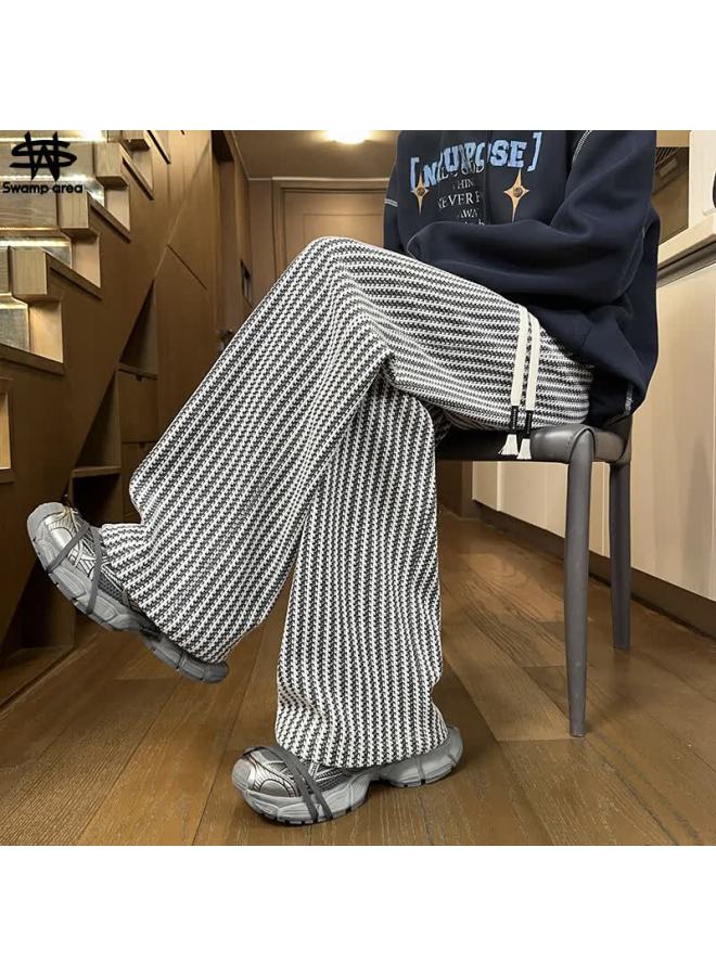 Swamp Area Black Baitiao Patterned Pants For Men, Spring And Autumn Trendy American Straight-leg Loose Casual Trousers, Ks622 White 2XL - Image 1