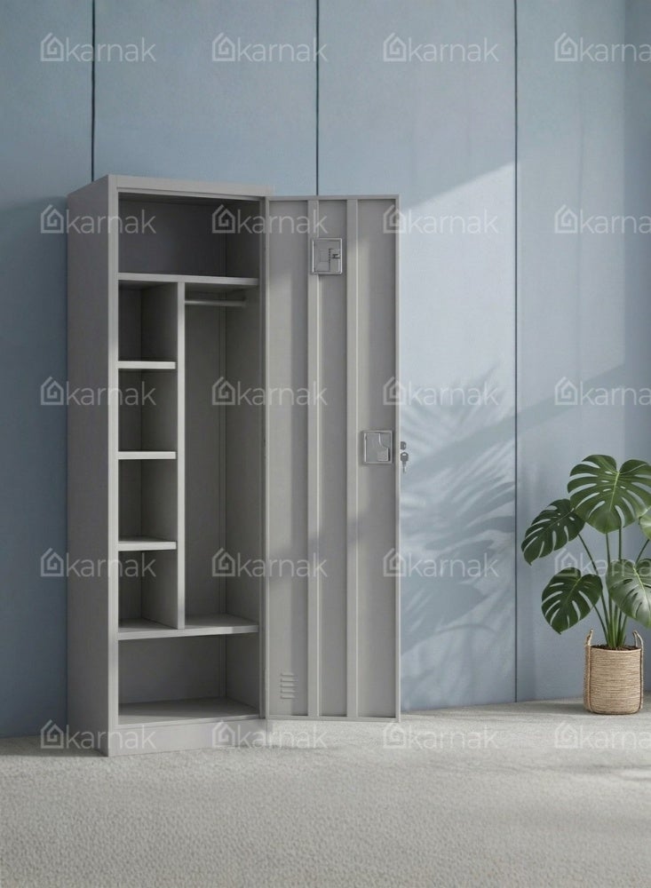 Karnak Navora 1-Door Steel Wardrobe Locker with Key | Metal Storage Cabinet with Shelves & Clothes Hanger for Office & Home Storage Cupboard (Grey) - Image 2