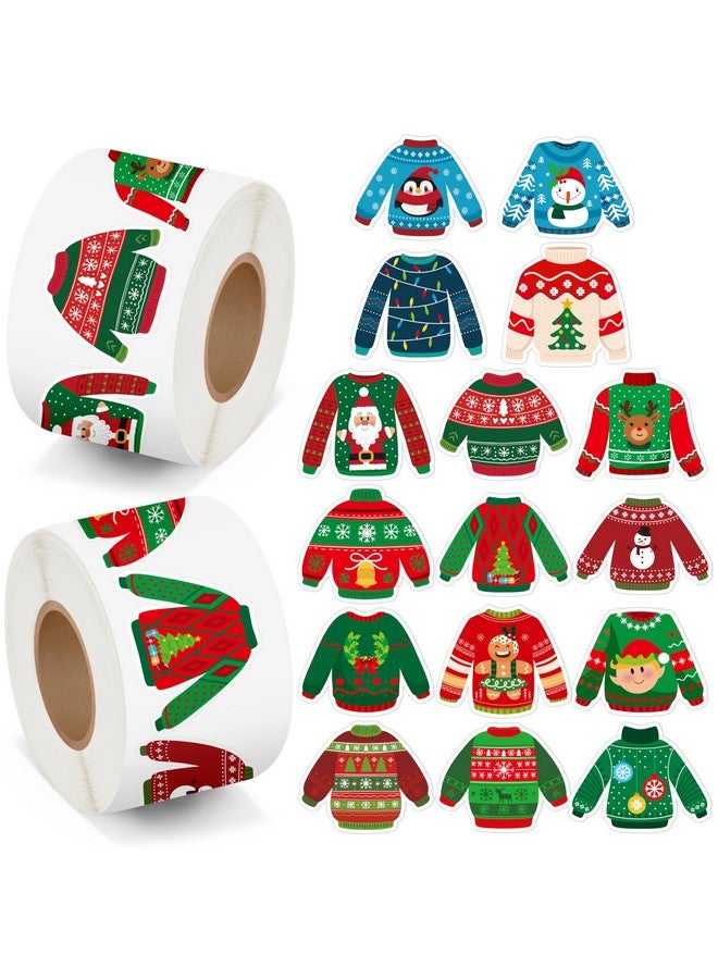 BeYumi Christmas Sweater Shaped Sticker - 1000Pcs Christmas Sweaters Stickers In 2 Rolls Winter Adhesive Cute Funny Wintertime Pullover Sweater Decal Holiday Party Favor Tag Gift Bottle Decor For Kids  - Image 1