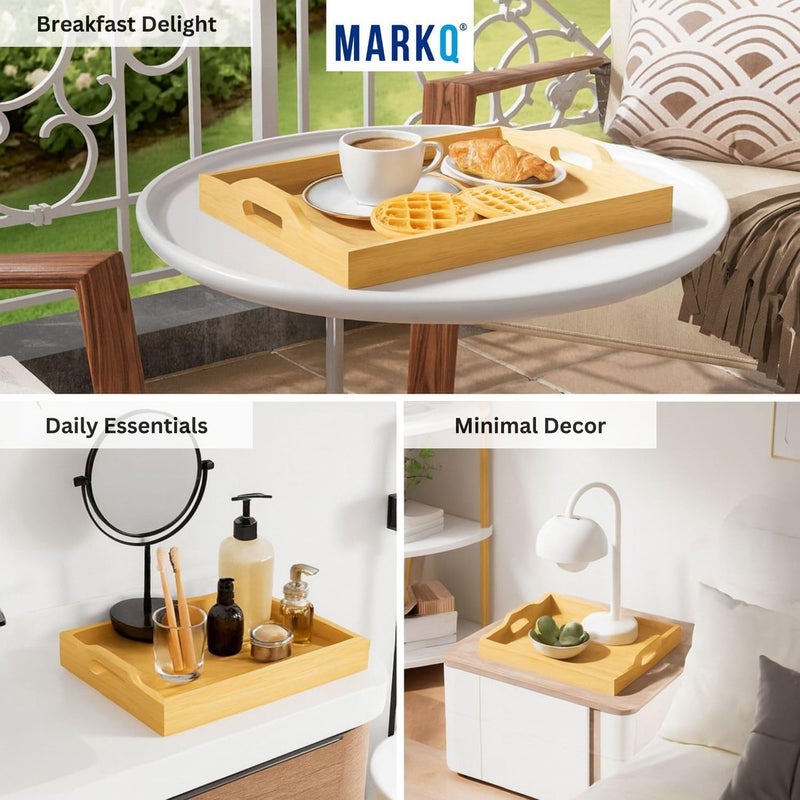 MARKQ طقم صواني تقديم خشبية من الخيزران 3 أحجام - صينية مستطيلة بمقابض للإفطار، الوجبات الخفيفة، صينية السرير، استخدام الحفلات 3 قطع، متينة وخفيفة الوزن - كبيرة - Image 4
