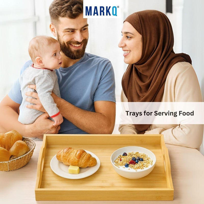 MARKQ طقم صواني تقديم خشبية من الخيزران 3 أحجام - صينية مستطيلة بمقابض للإفطار، الوجبات الخفيفة، صينية السرير، استخدام الحفلات 3 قطع، متينة وخفيفة الوزن - كبيرة - Image 5