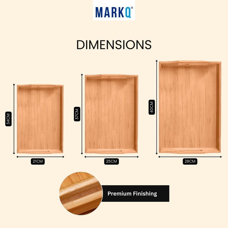 MARKQ طقم صواني تقديم خشبية من الخيزران 3 أحجام - صينية مستطيلة بمقابض للإفطار، الوجبات الخفيفة، صينية السرير، استخدام الحفلات 3 قطع، متينة وخفيفة الوزن - كبيرة - Image 2