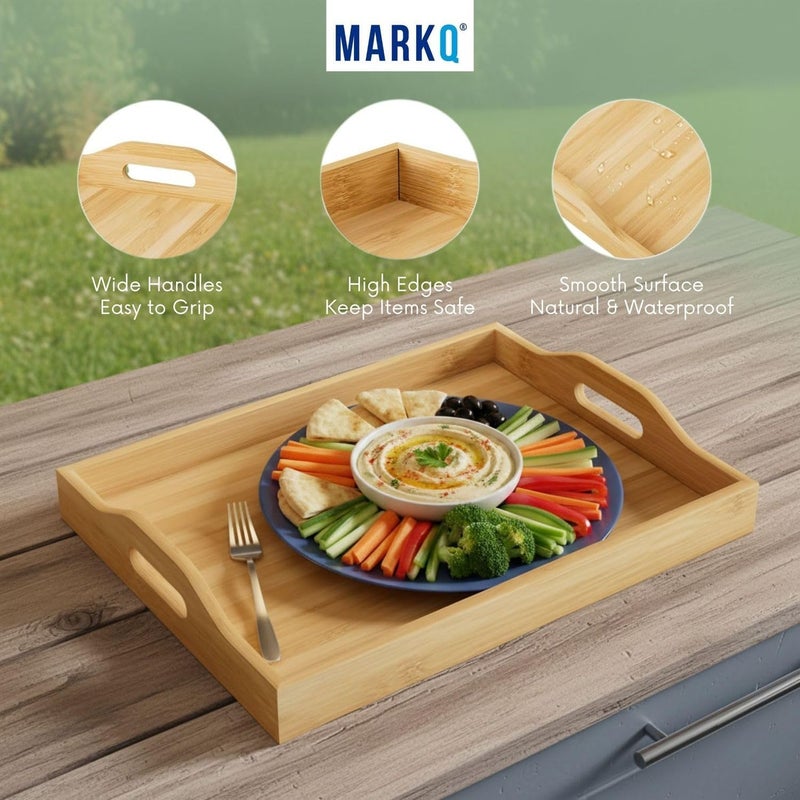 MARKQ طقم صواني تقديم خشبية من الخيزران 3 أحجام - صينية مستطيلة بمقابض للإفطار، الوجبات الخفيفة، صينية السرير، استخدام الحفلات 3 قطع، متينة وخفيفة الوزن - كبيرة - Image 3