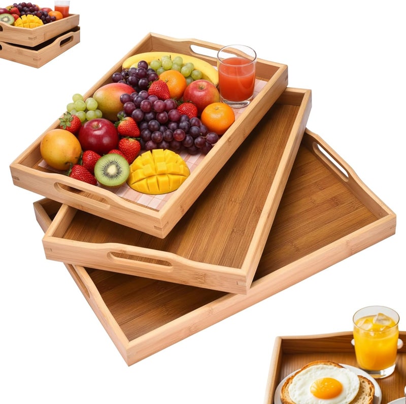 MARKQ طقم صواني تقديم خشبية من الخيزران 3 أحجام - صينية مستطيلة بمقابض للإفطار، الوجبات الخفيفة، صينية السرير، استخدام الحفلات 3 قطع، متينة وخفيفة الوزن - كبيرة - Image 1