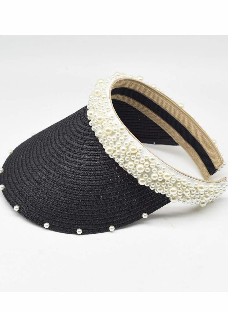 Y&D Sun Visor Hats for Women Girls Wide Brim Bowknot Pearl Straw Roll Up Ponytail Summer Beach Hat UV UPF Packable Foldable Travel, Black - Image 2