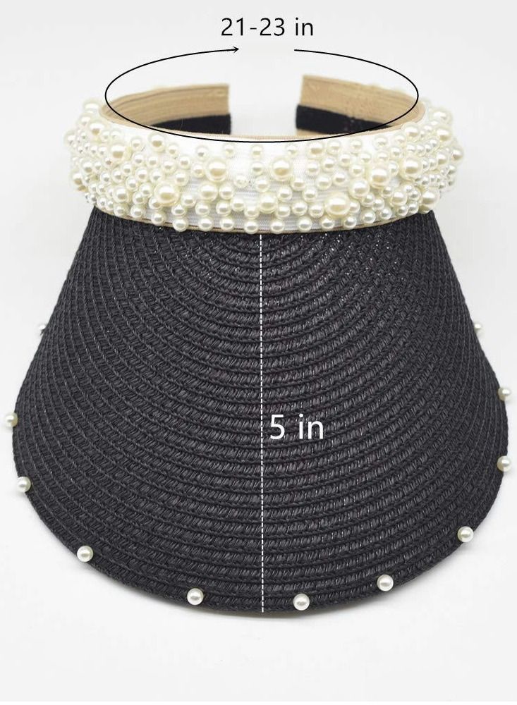 Y&D Sun Visor Hats for Women Girls Wide Brim Bowknot Pearl Straw Roll Up Ponytail Summer Beach Hat UV UPF Packable Foldable Travel, Black - Image 3