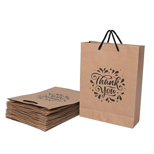 Suffix Retail ® (Pack of 30) Brown Paper Thank You Gift Bags with Braided Cotton Handles (12X8.7X3 inches) - Image 1