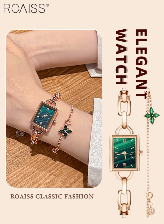 roaiss 2PCS Women's Stainless Steel Strap Bracelet Watch Set Analog Display Rectangle Dial Quartz Watch with Green Flowers Bracelets Elegant Watch Set as Gift for Ladies - Image 1