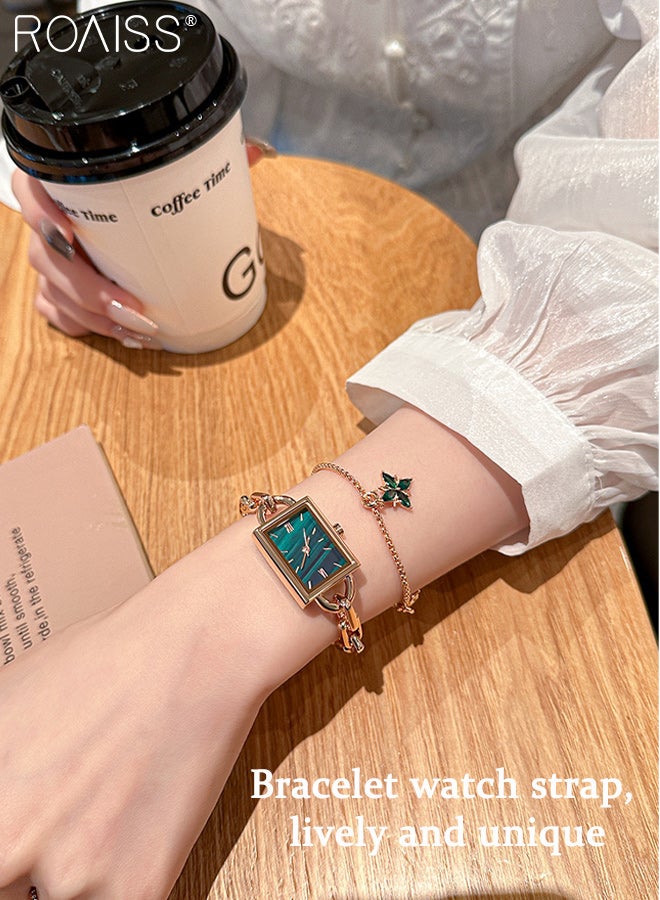 roaiss 2PCS Women's Stainless Steel Strap Bracelet Watch Set Analog Display Rectangle Dial Quartz Watch with Green Flowers Bracelets Elegant Watch Set as Gift for Ladies - Image 2