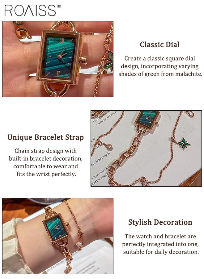 roaiss 2PCS Women's Stainless Steel Strap Bracelet Watch Set Analog Display Rectangle Dial Quartz Watch with Green Flowers Bracelets Elegant Watch Set as Gift for Ladies - Image 5