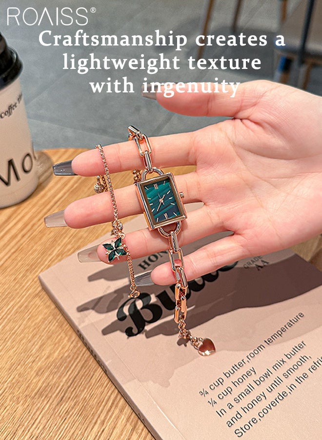 roaiss 2PCS Women's Stainless Steel Strap Bracelet Watch Set Analog Display Rectangle Dial Quartz Watch with Green Flowers Bracelets Elegant Watch Set as Gift for Ladies - Image 4