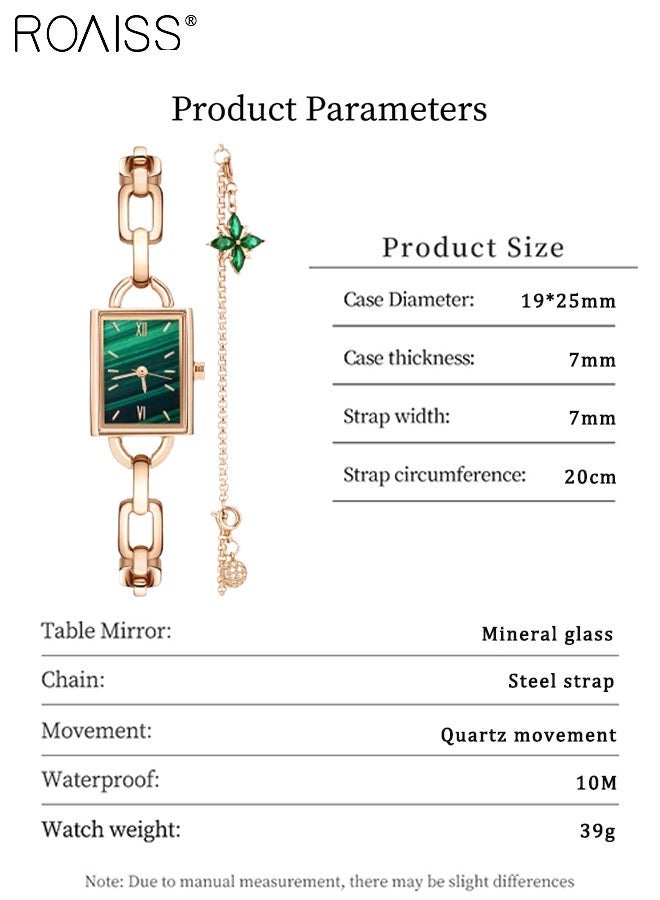 roaiss 2PCS Women's Stainless Steel Strap Bracelet Watch Set Analog Display Rectangle Dial Quartz Watch with Green Flowers Bracelets Elegant Watch Set as Gift for Ladies - Image 3