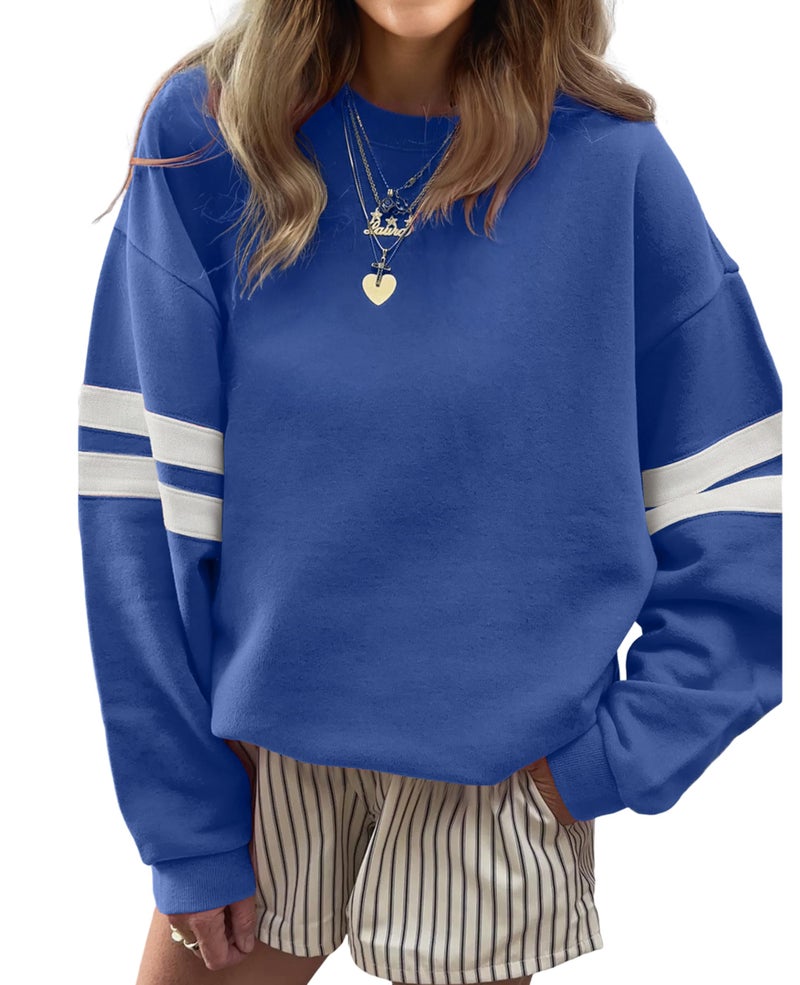 SELINK Womens Varsity Striped Oversized Sweatshirt Crewneck Long Sleeve Casual Fashion Pullover Top Fall Outfits Blue-M - Image 1