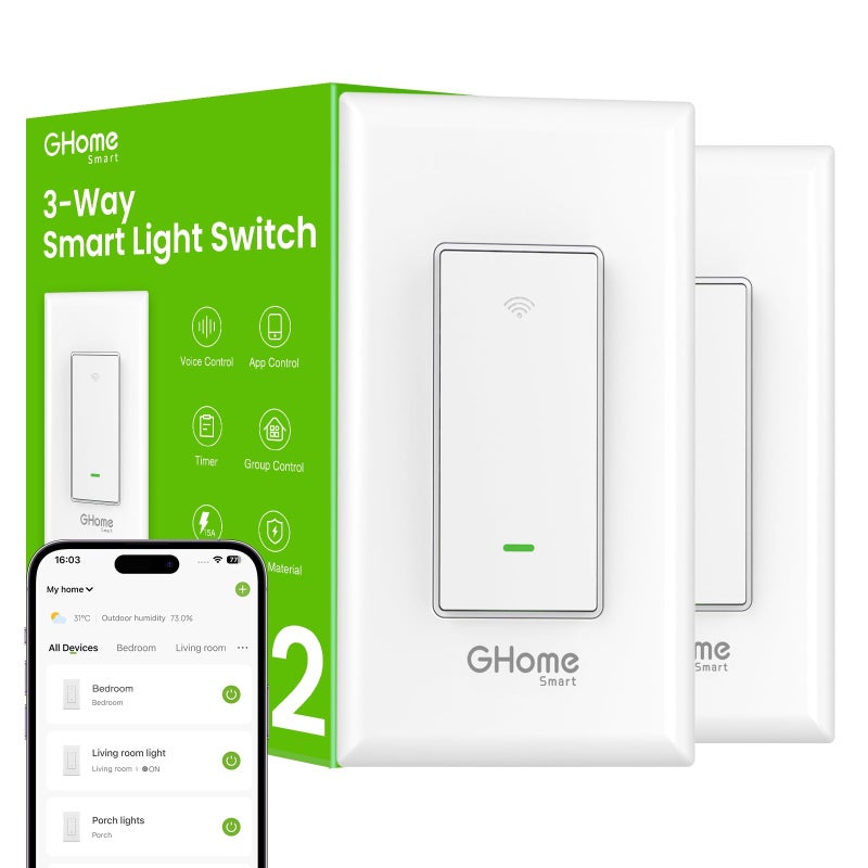 GHome Smart Switch, 3 Way Light Wi-Fi Switch Compatible with Alexa and Google Home, 2.4GHz Schedule Timer, Neutral Wire Required, 3-Way Installation and No Hub Required, FCC Listed (2-Pack), White - Image 1